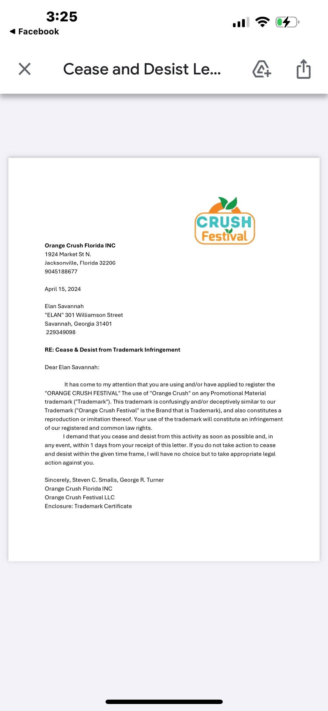 Cease and desist letter from the trademark holder for Orange Crush George Turner to Elan Savannah.