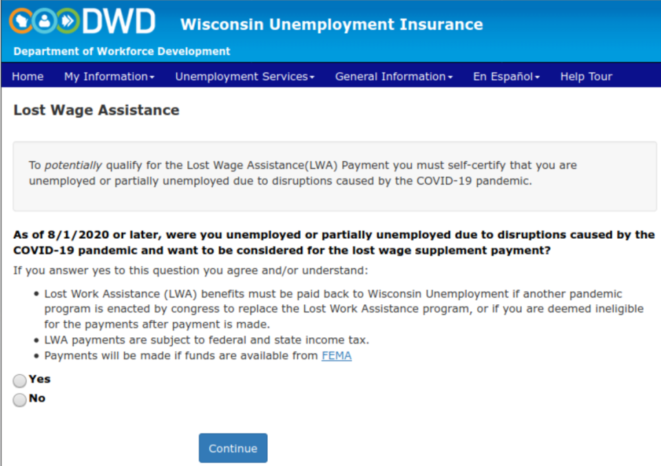 This screenshot provided by labor attorney Victor Forberger shows a message from the Wisconsin Department of Workforce Development.