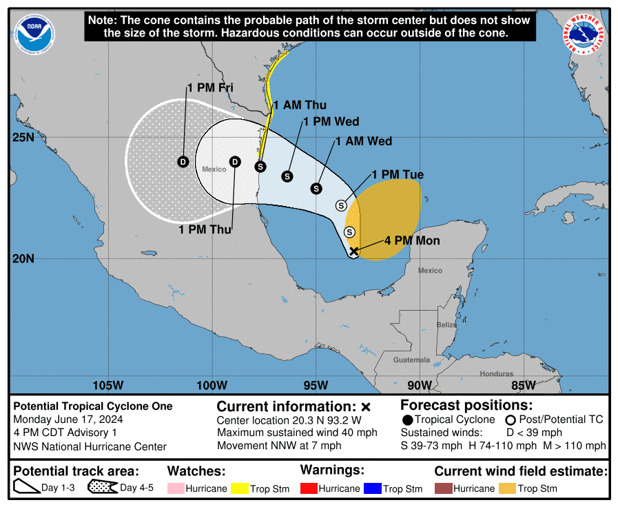 Probable path of Potential Tropical Cyclone One as of 4 p.m. Monday