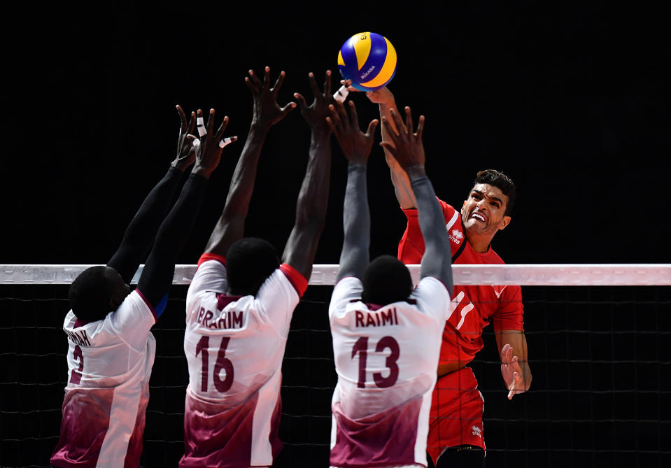 <p>Mohamed Al Hachdadi of Morocco spikes the ball in the Mens Volleyball Group B match between Qatar and Morocco during day eight of Baku 2017 at the 4th Islamic Solidarity Games on May 19, 2017 in Baku, Azerbaijan. (Photo: Dan Mullan/Getty Images) </p>