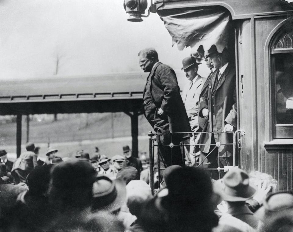 Teddy Roosevelt campaigning for president on the Bull Moose ticket. <a href="https://www.gettyimages.com/detail/news-photo/teddy-roosevelt-campaigning-for-president-on-the-news-photo/514900304?phrase=teddy%20roosevelt%20bull%20moose&adppopup=true" rel="nofollow noopener" target="_blank" data-ylk="slk:Bettmann/GettyImages;elm:context_link;itc:0;sec:content-canvas" class="link ">Bettmann/GettyImages</a>