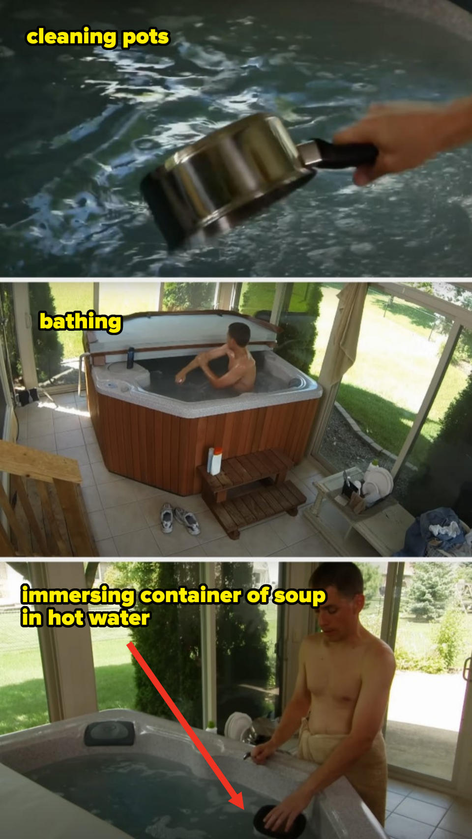 A person relaxes in a hot tub; three separate scenes show a hand with a paint roller, the person in the tub, and adjusting the tub settings