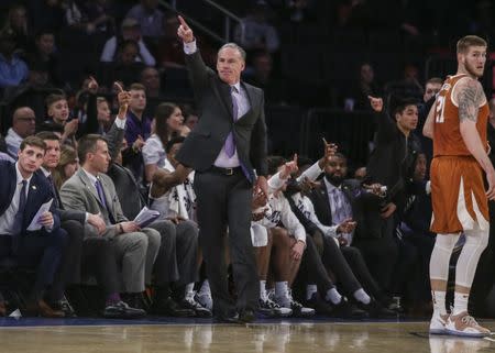 Apr 2, 2019; New York, NY, USA; Texas Christian Horned Frogs head coach Jamie Dixon yells out instructions in the first half against the Texas Longhorns at the NIT semifinals at Madison Square Garden. Mandatory Credit: Wendell Cruz-USA TODAY Sports