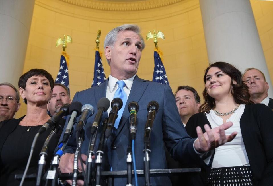 US Representative Kevin McCarthy speaks following the Republican nomination election for House speaker in the Longworth House Office Building on October 8, 2015 in Washington, DC after abruptly dropping out of the race.