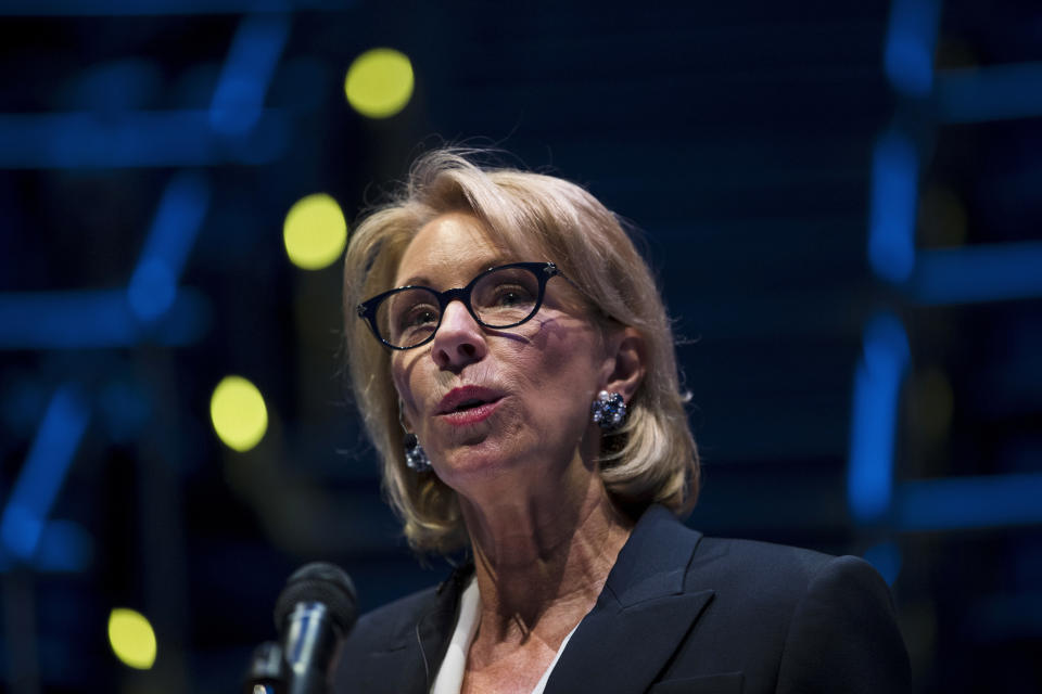 Education Secretary Betsy DeVos speaks during a student town hall at National Constitution Center in Philadelphia, Monday, Sept. 17, 2018. (AP Photo/Matt Rourke)