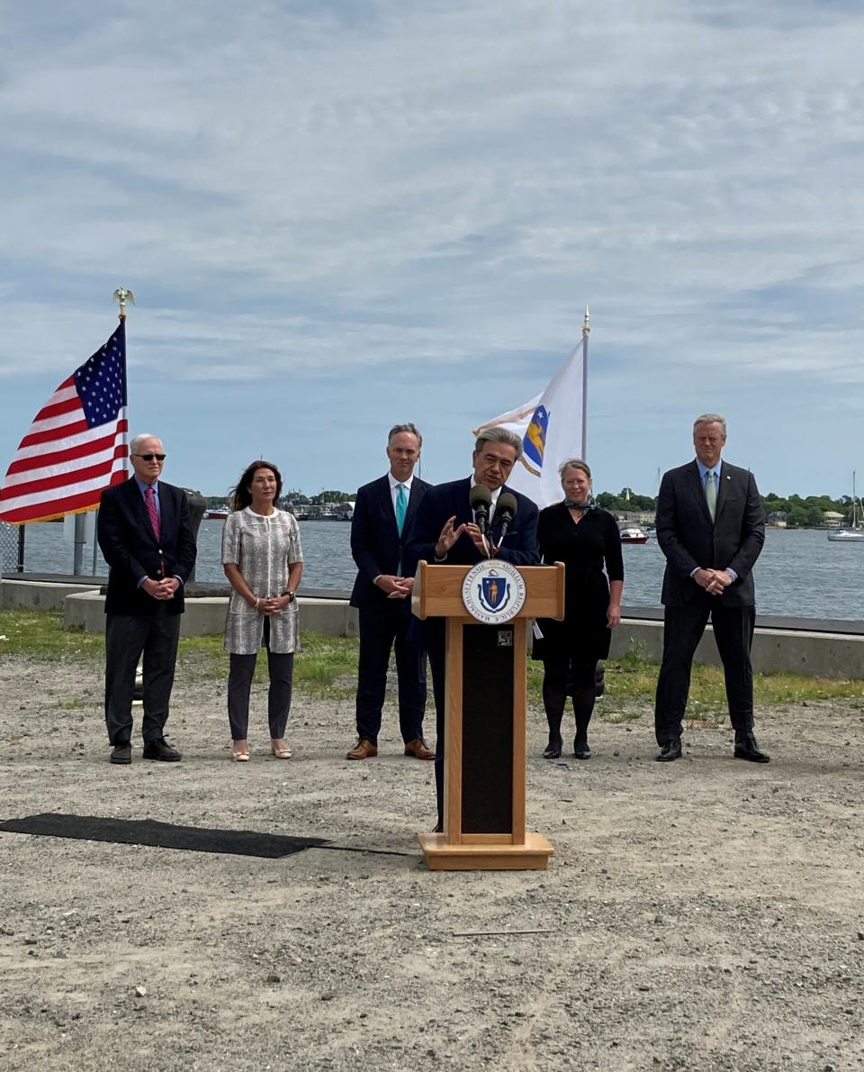 Rep. Antonio Cabral, D-New Bedford, speaks at Thursday's announcement of the Offshore Wind Industry Ports Challenge at the New Bedford Marine Commerce Terminal.