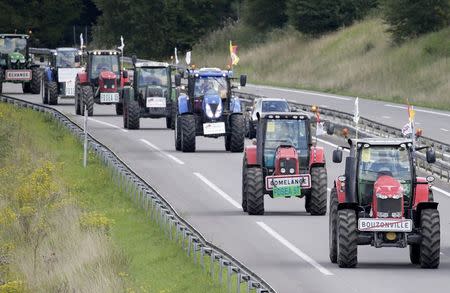 French farmers from Lorraine region drive their tractors on the A4 motorway in the Champagne-Ardenne region, eastern France, September 2, 2015. REUTERS/Jacky Naegelen