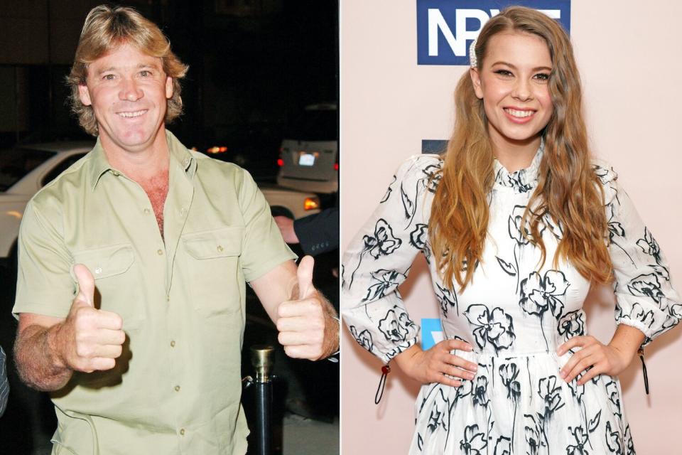 Steve Irwin at the "Master And Commander: The Far Side Of The World" - Los Angeles Premiere at The Academy Of Motion Picture Arts And Sciences in Beverly Hills, California. (Photo by Jon Kopaloff/FilmMagic); Bindi Irwin attends the Critics' Choice Real TV Awards on June 02, 2019 in Beverly Hills, California. (Photo by JC Olivera/WireImage)