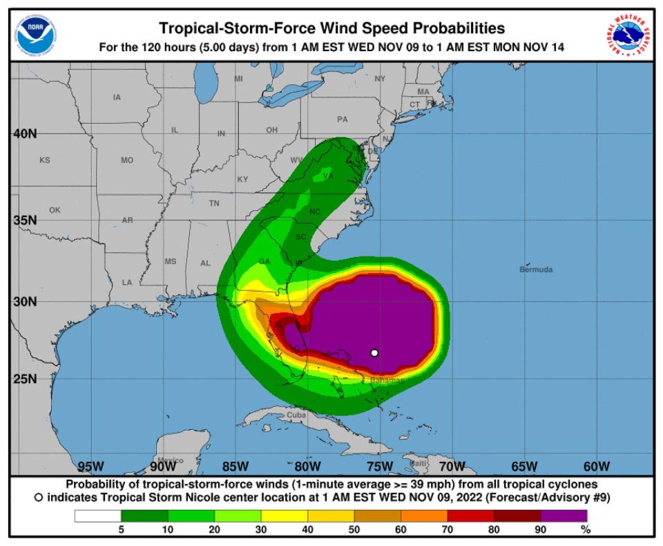 Hurricane conditions are expected for the northwest Bahamas and the east coast of Florida as Tropical Storm Nicole gathers strength on Wednesday, November 9, 2022. In its 4 a.m. EST update on Wednesday, the National Hurricane Center said that Nicole was approximately 90 miles east-northeast of Great Abaco Island in the northwestern Bahamas and about 270 miles east of West Palm Beach on Florida's east coast. Nicole's maximum sustained winds are picking up at 70 mph with higher gusts. NOAA/UPI Tropical Storm Nicole Nears Hurricane Strength Approaching Florida, Washington, United States - 09 Nov 2022