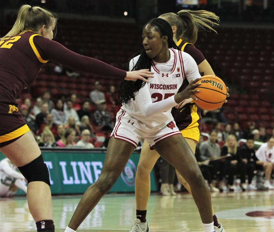 Wisconsin's Serah Williams looks to make a play against Minnesota during the teams' first meeting Tuesday Jan. 23, 2024 at the Kohl Center in Madison, Wisconsin.  She finished with 30 points and 15 rebounds in a 67-56 win in Minneapolis.