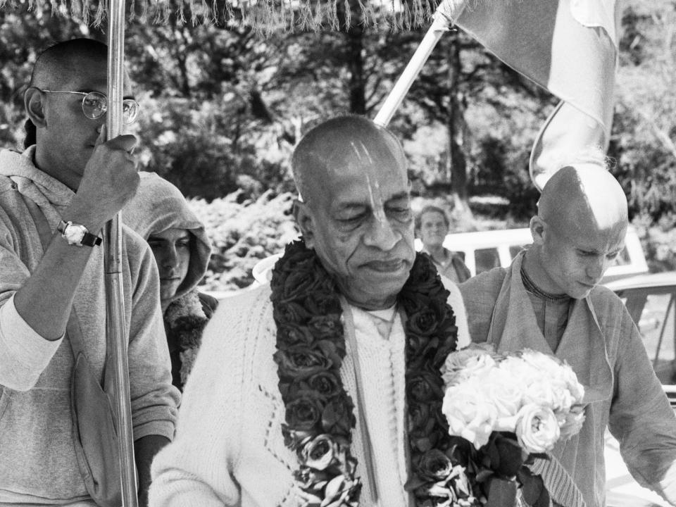 Hare Krishna founder AC Bhaktivedanta Swami Prabhupada during a parade, San Francisco, California, July 1974