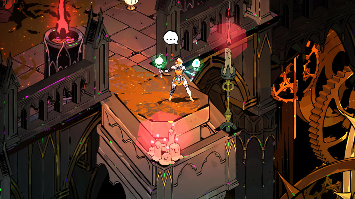  Hades 2 character holding two torch weapons in a pink orange environment. 