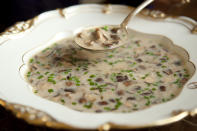 <div class="caption-credit"> Photo by: Sarah Shatz</div><div class="caption-title">Creamy Mushroom Soup</div><b><a href="http://www.food52.com/recipes/923_creamy_mushroom_soup" rel="nofollow noopener" target="_blank" data-ylk="slk:Get the recipe on FOOD52;elm:context_link;itc:0;sec:content-canvas" class="link ">Get the recipe on FOOD52</a></b> <br> <br> We like to picture this soup filling one of those gorgeous soup tureens at the Downton table. Be careful -- don't be like Mosely and spill it everywhere.