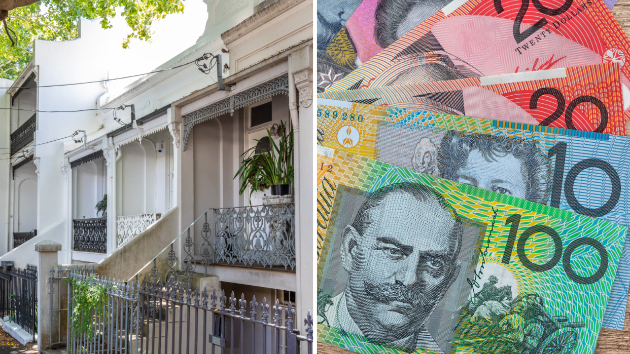 A composite image of a row of terrance houses in Sydney and Australian currency to represent mortgage repayments.