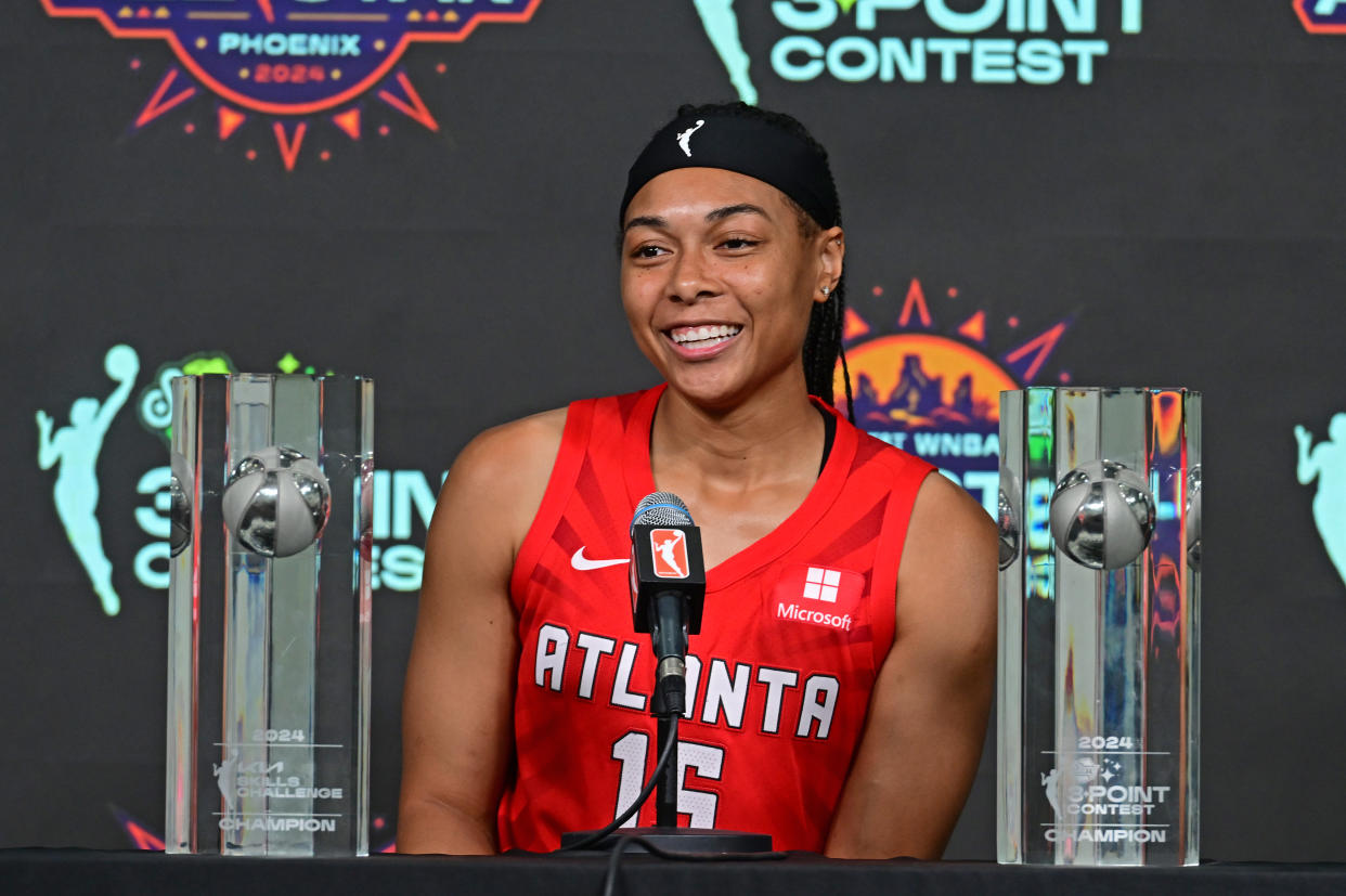 PHOENIX, AZ - JULY 19: Allisha Gray #15 of the Atlanta Dream talks to the media after winning the Kia Skills Challenge and the Starry 3 Point Contest on July 19, 2024 at Footprint Center in Phoenix, Arizona. NOTE TO USER: User expressly acknowledges and agrees that, by downloading and/or using this Photograph, user is consenting to the terms and conditions of the Getty Images License Agreement. Mandatory Copyright Notice: Copyright 2024 NBAE (Photo by Kate Frese/NBAE via Getty Images)