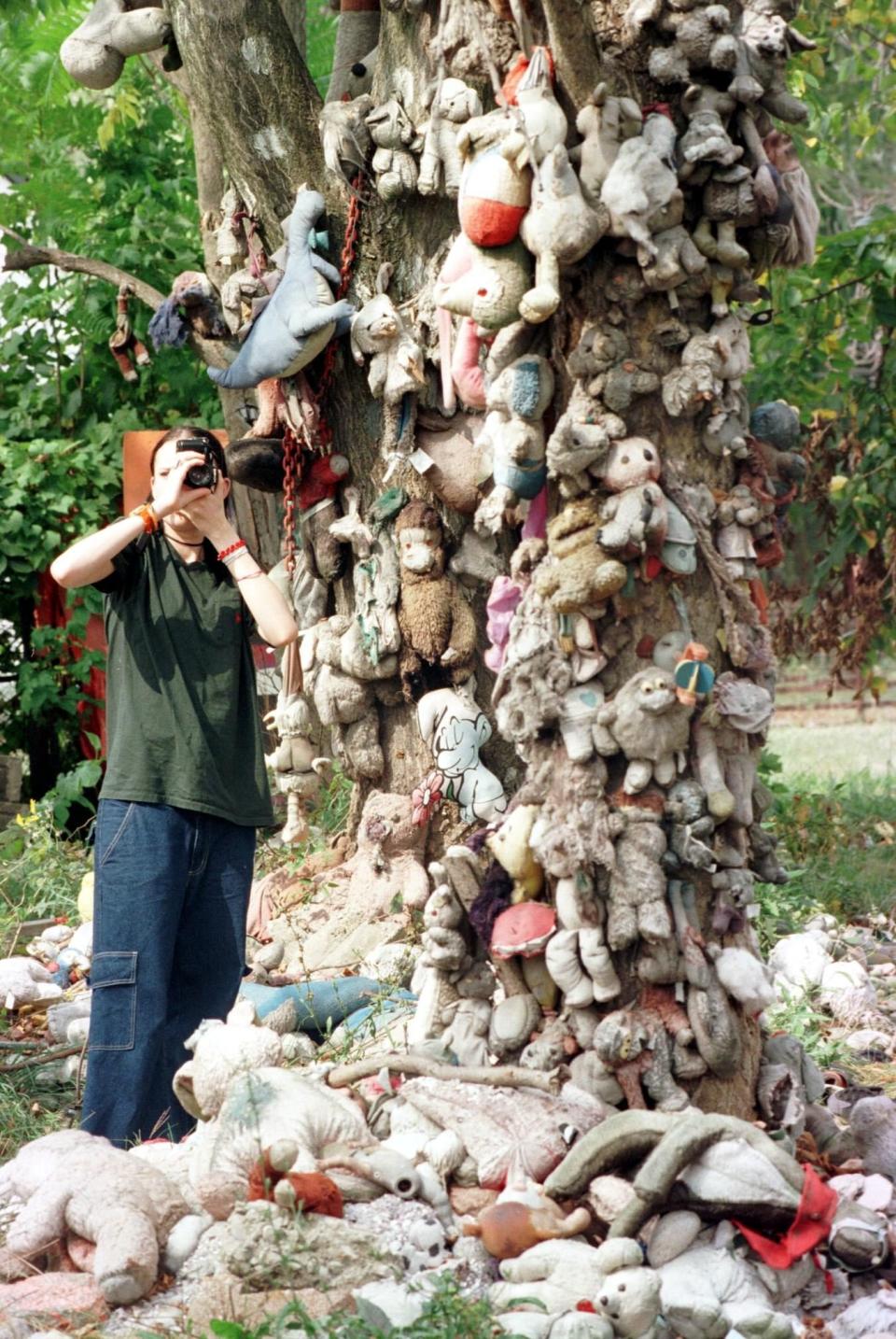 DETROIT, UNITED STATES:  A visitor stops to take a picture of a tree adorned with stuffed animals, part of the Heidelberg Project 26 September in Detroit, which officials want torn down.  Creator Tyree Guyton calls his work  'art for the people and medicine for the soul.'  AFP PHOTO/Jeff KOWALSKY (Photo credit should read JEFF KOWALSKY/AFP/Getty Images)