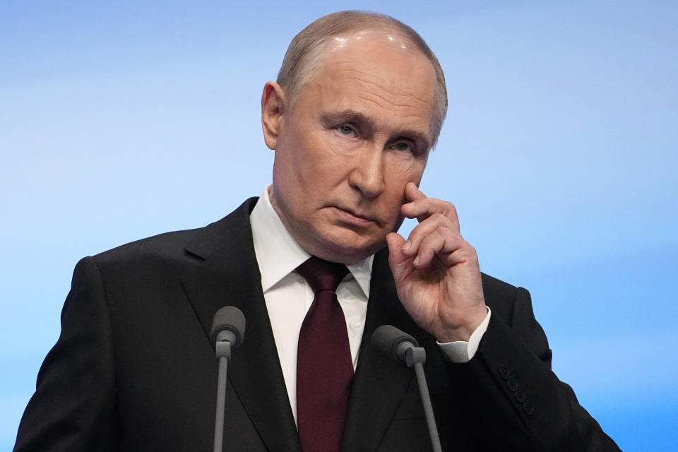 Russian President Vladimir Putin speaks on a visit to his campaign headquarters after a presidential election in Moscow, early Monday, March 18, 2024. (AP Photo/Alexander Zemlianichenko)