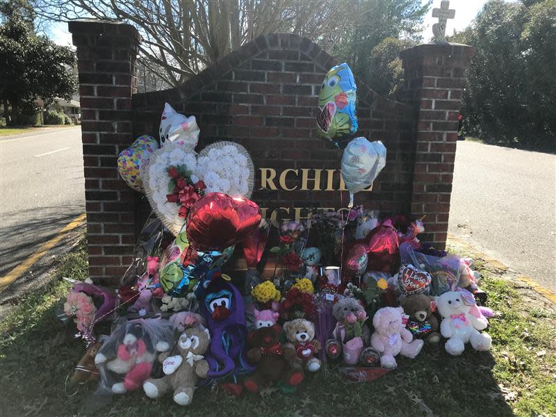 Flowers and balloons piled up at the entrance of Faye Swetlik's neighborhood, Feb. 14, 2020. Faye was a first-grader at Springdale Elementary School, a part of Lexington School District 2.