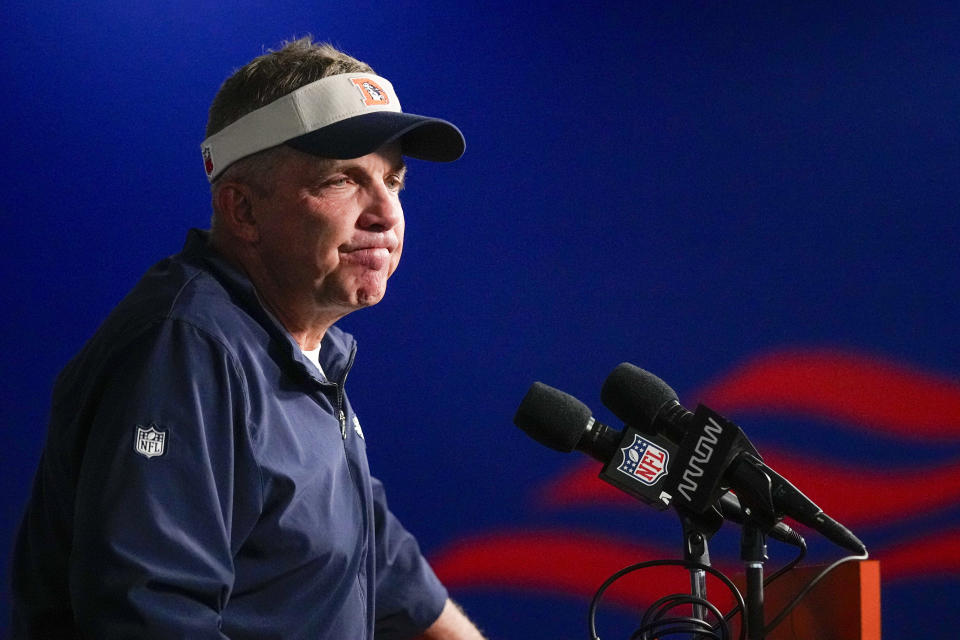 Denver Broncos head coach Sean Payton speaks during a news conference after their loss against the New York Jets in an NFL football game Sunday, Oct. 8, 2023, in Denver. (AP Photo/Jack Dempsey)