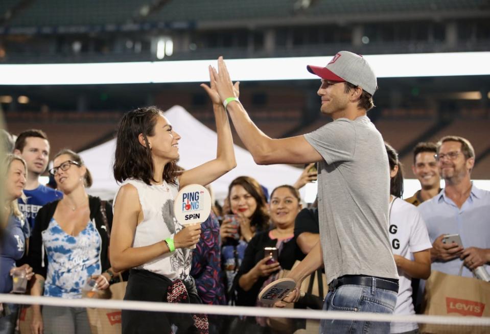 Mila Kunis and Ashton Kutcher play ping pong at Clayton Kershaw’s 6th Annual Ping Pong 4 Purpose in 2018 (Getty Images for Kershaw's Chall)