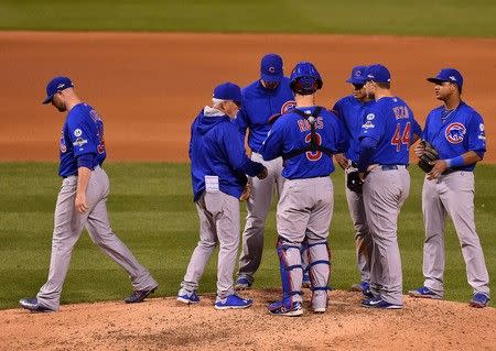 Oct 9, 2015; St. Louis, MO, USA; Chicago Cubs starting pitcher Jon Lester (34) is pulled from the game during the eighth inning of game one of the NLDS against the St. Louis Cardinals at Busch Stadium. Mandatory Credit: Jasen Vinlove-USA TODAY Sports