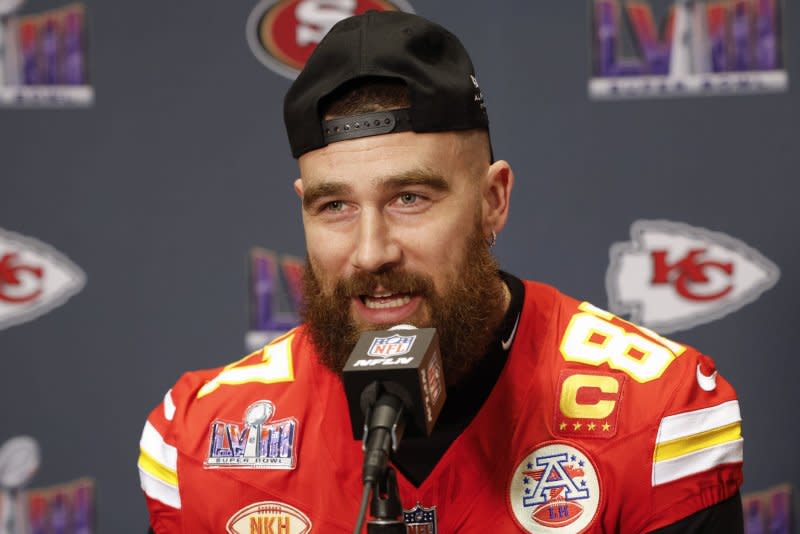 Kansas City Chiefs tight end Travis Kelce speaks at a media availability Tuesday at Westin Lake Las Vegas Resort & Spa in Henderson, Nev. Photo by John Angelillo/UPI