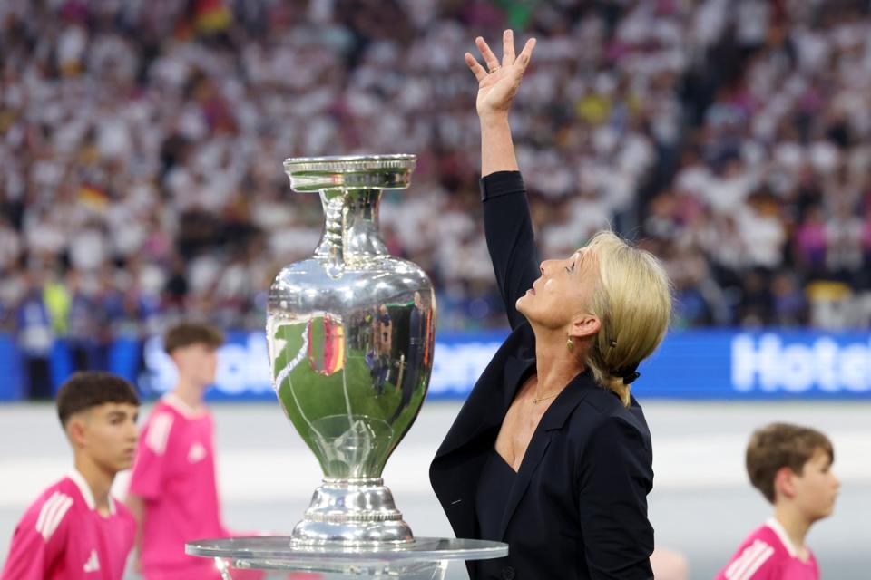 Franz Beckenbauer’s widow Heidi brought the European Championship trophy onto the pitch (Getty Images)