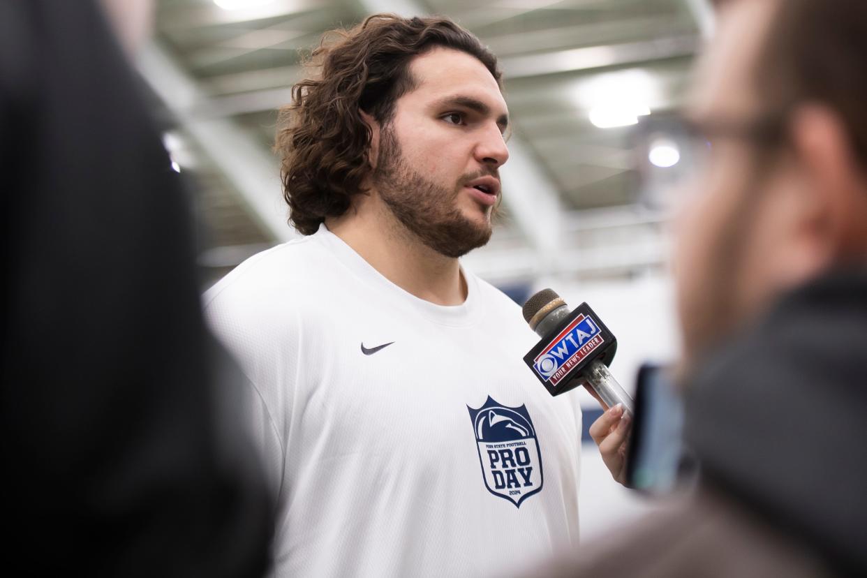 Offensive lineman Hunter Nourzad answers questions during Penn State's Pro Day in Holuba Hall on March 15, 2024, in State College.