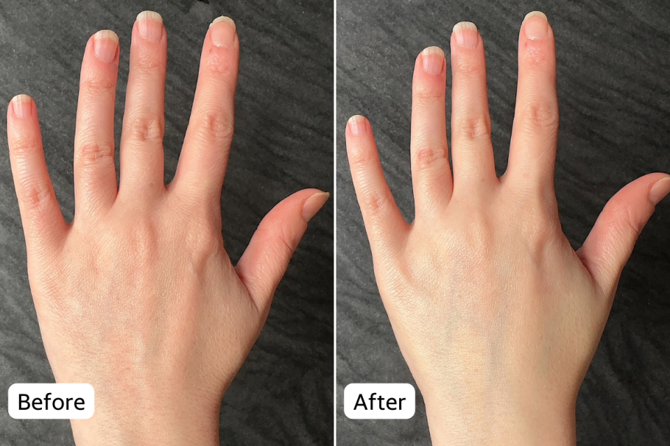 author before and after photos showing their hand with and without vanicream moisturizer