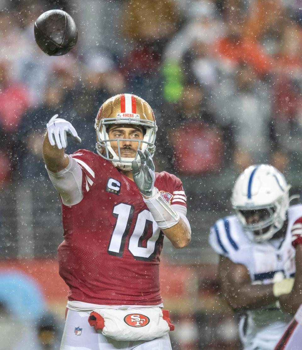 Jimmy Garoppolo throws a pass during the Colts' 30-18 win over the 49ers on Oct. 24, 2021, at Levi's Stadium in Santa Clara, Calif.