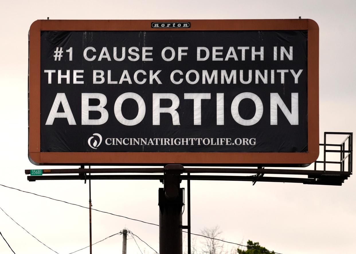 A billboard in Mt. Airy on Northbound Road at Colerain Avenue on abortion from Cincinnati Right to Life, Tuesday March 7, 2023