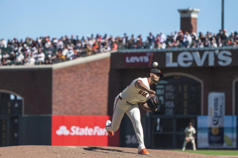 San Francisco Giants relief pitcher Camilo Doval throws during the ninth inning of a baseball game against the Arizona Diamondbacks, Saturday, April 20, 2024, in San Francisco. (AP Photo/Nic Coury)