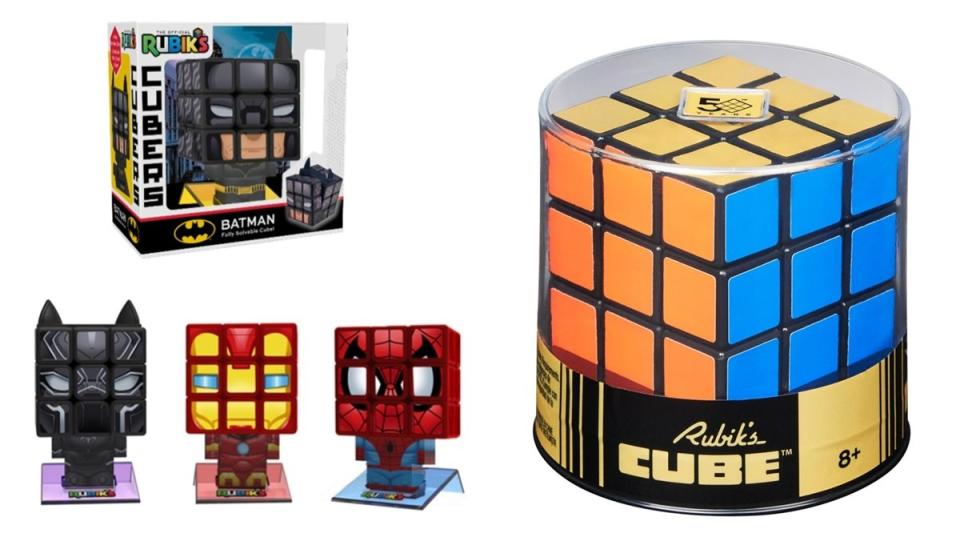 The Retro Rubik's Cube and superhero Rubik's Cubers, all celbrating 50 years of the Rubik's Cube toy.