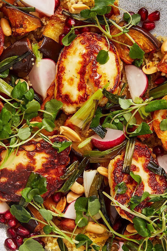 <p>Halloumi, <a href="https://www.delish.com/uk/cooking/recipes/g28961707/aubergine-recipes/" rel="nofollow noopener" target="_blank" data-ylk="slk:aubergine;elm:context_link;itc:0;sec:content-canvas" class="link ">aubergine</a>, harissa and pomegranate seeds are a match-made in heaven. We love this halloumi salad, it's healthy, filling and perfect for lunch, dinner or as part of a feast. </p><p>Get the <a href="https://www.delish.com/uk/cooking/recipes/a30271089/halloumi-salad/" rel="nofollow noopener" target="_blank" data-ylk="slk:Aubergine, Harissa and Halloumi Salad;elm:context_link;itc:0;sec:content-canvas" class="link ">Aubergine, Harissa and Halloumi Salad</a> recipe.</p>