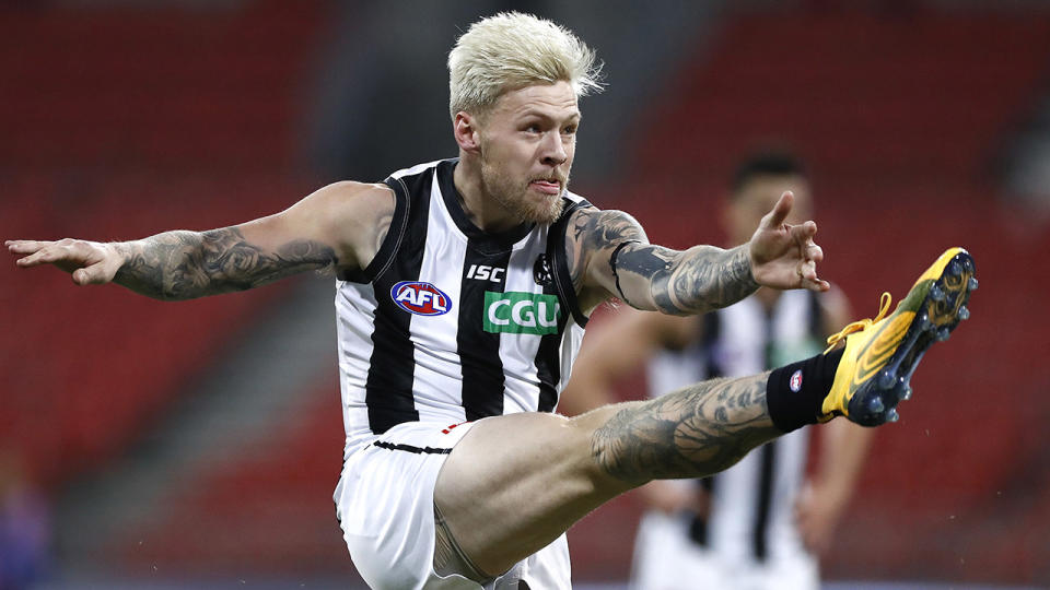 Jordan De Goey, pictured here in action for Collingwood against Greater Western Sydney Giants.