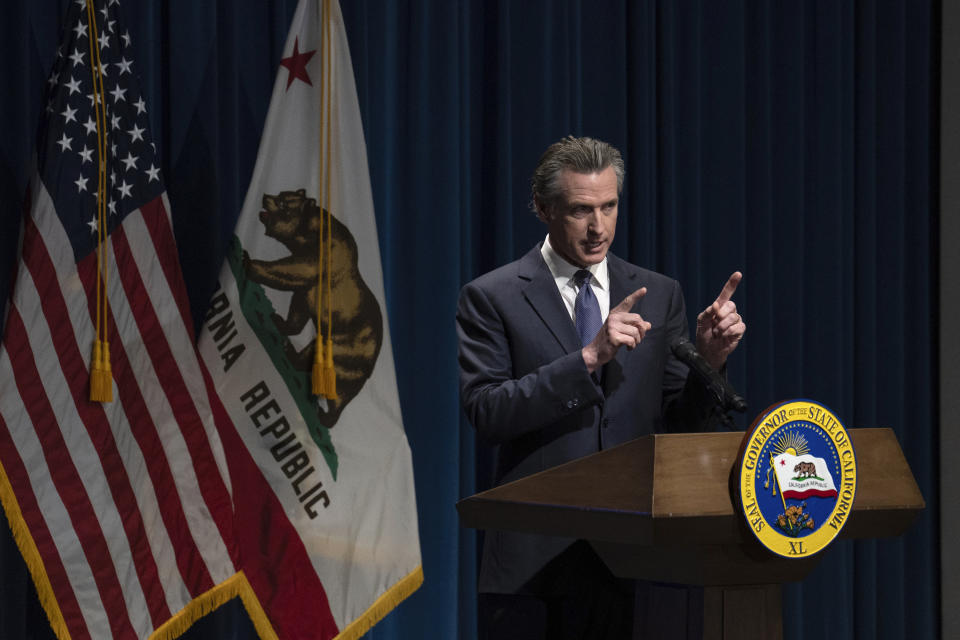 California Gov. Gavin Newsom discusses his proposed state budget for the 2024-2025 fiscal year, during a news conference in Sacramento,Calif., Wednesday, Jan. 10, 2024. (AP Photo/Rich Pedroncelli)