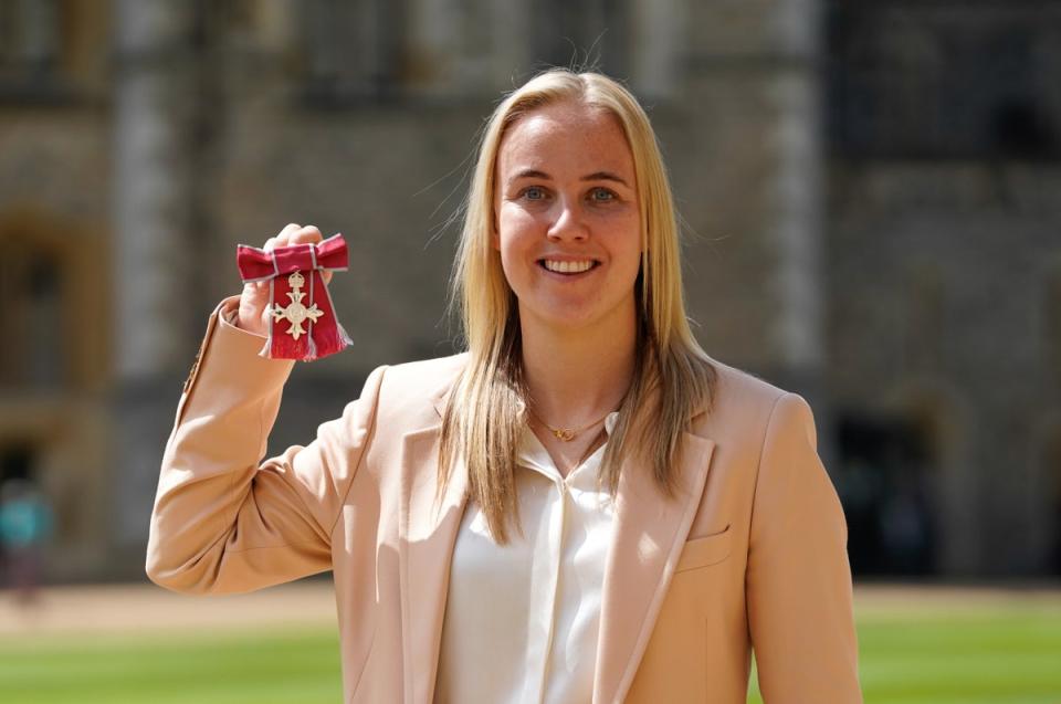 Beth Mead poses after being made a Member of the Order of the British Empire (MBE) by the Prince of Wales, for services to football after winning the 2022 European Championship with England (Getty Images)