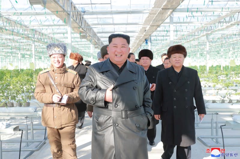 KCNA picture of North Korean leader Kim Jong Un visiting a vegetable greenhouse farm and tree nursery in Jungphyong, North Korea