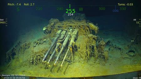 Anti-aircraft guns are seen in the wreckage of the sunken USS Lexington, a World War Two U.S. Navy aircraft carrier, in this handout image obtained March 6, 2018 courtesy of Paul G. Allen. Mandatory Credit PAUL G. ALLEN/HANDOUT/via REUTERS