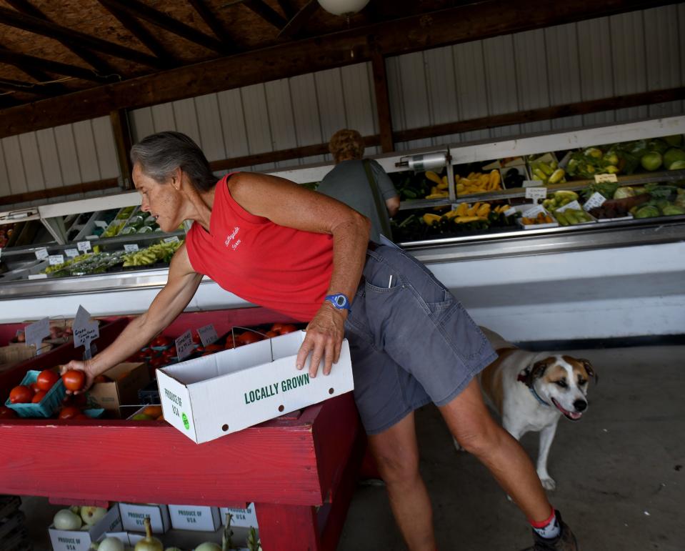 Holleydale Farm owner Rita Oser gets help from companion Critter as she stocks tomatoes Tuesday.