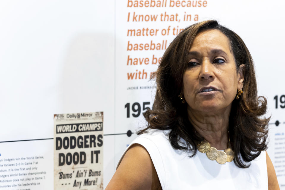 CORRECTS MONTH TO JULY, NOT JUNE - Della Britton, President & CEO of the Jackie Robinson Foundation, speaks to the media at the Jackie Robinson Museum, Tuesday, July 26, 2022, in New York. (AP Photo/Julia Nikhinson)