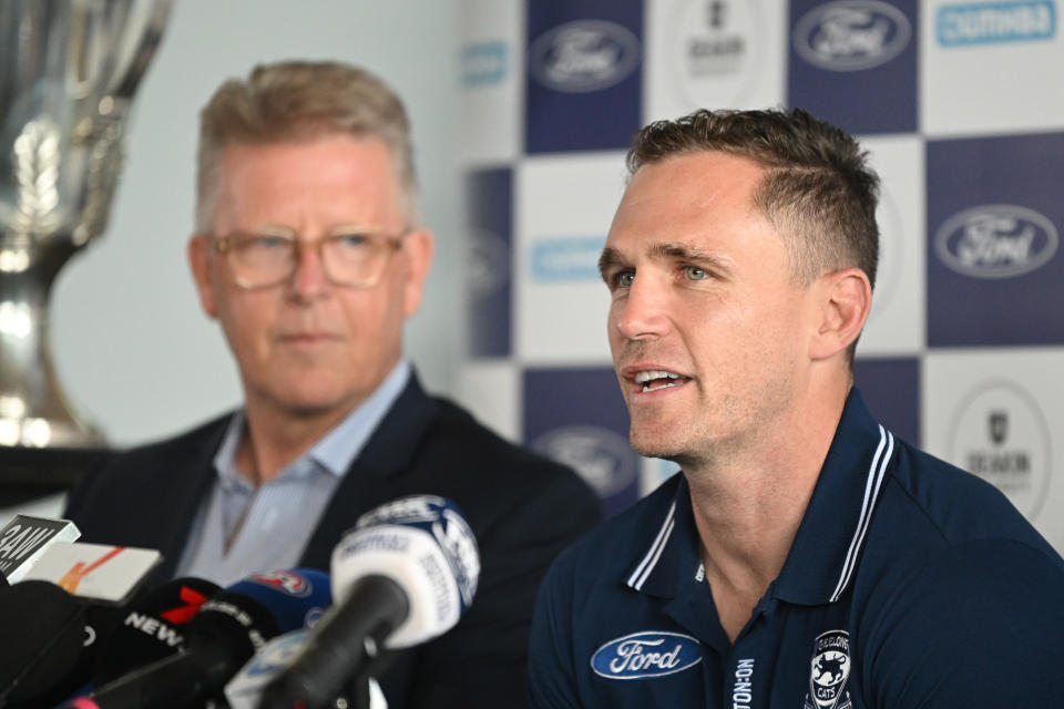 Seen here, Geelong captain Joel Selwood announcing his retirement from the AFL at a press conference on Wednesday. 