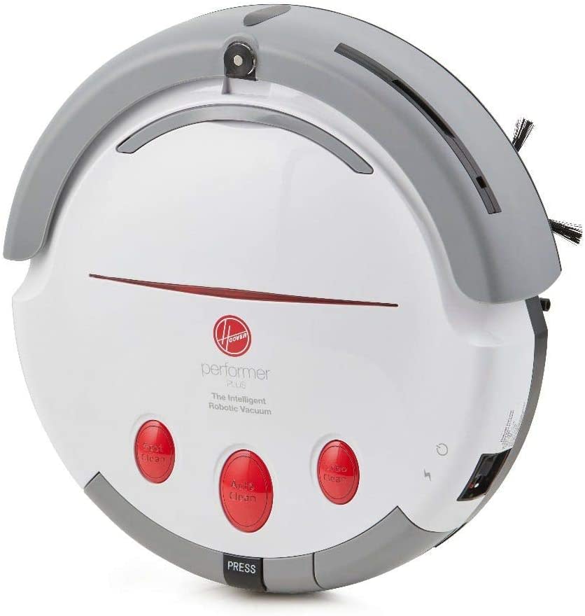 The white, circular Hoover Performer Plus has grey trims and red buttons.