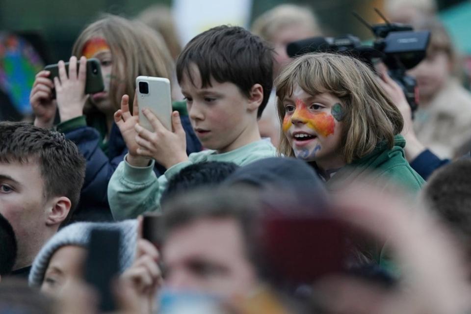 The crowd listens to climate activist Greta Thunberg (Jane Barlow/PA) (PA Wire)