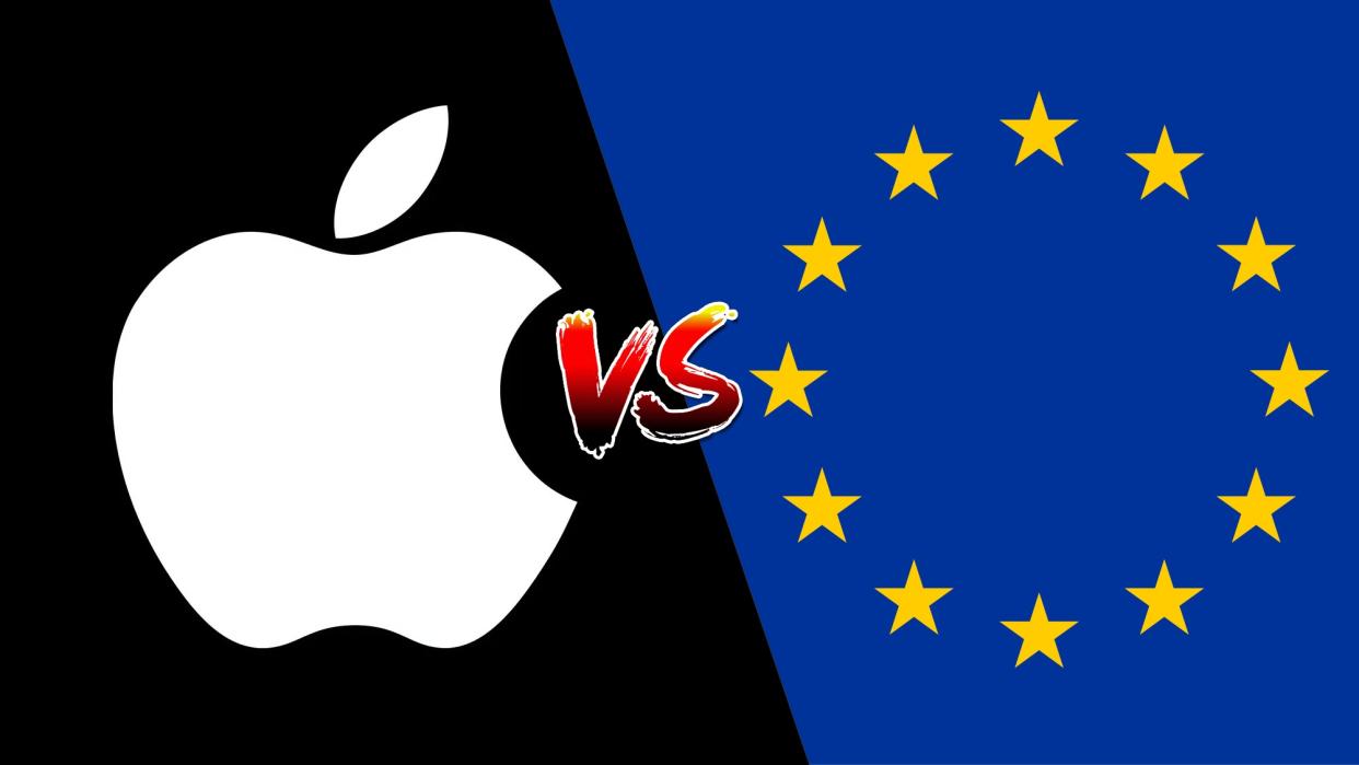 Apple logo on a split image with the EU flag and "VS" in stylized text between them. 