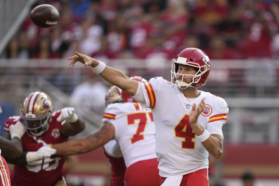 Kansas City Chiefs quarterback Chad Henne (4) passes against the San Francisco 49ers during the first half of an NFL preseason football game in Santa Clara, Calif., Saturday, Aug. 14, 2021. (AP Photo/Tony Avelar)