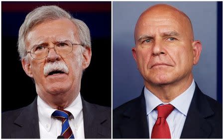 FILE PHOTO -- Former U.S. Ambassador to the United Nations John Bolton (L) speaks in Oxon Hill, Maryland, U.S. February 24, 2017, and White House National Security Advisor H.R. McMaster joins the daily briefing in Washington, U.S. July 31, 2017, in this combination photograph. REUTERS/Joshua Roberts, Jonathan Ernst/File Photo