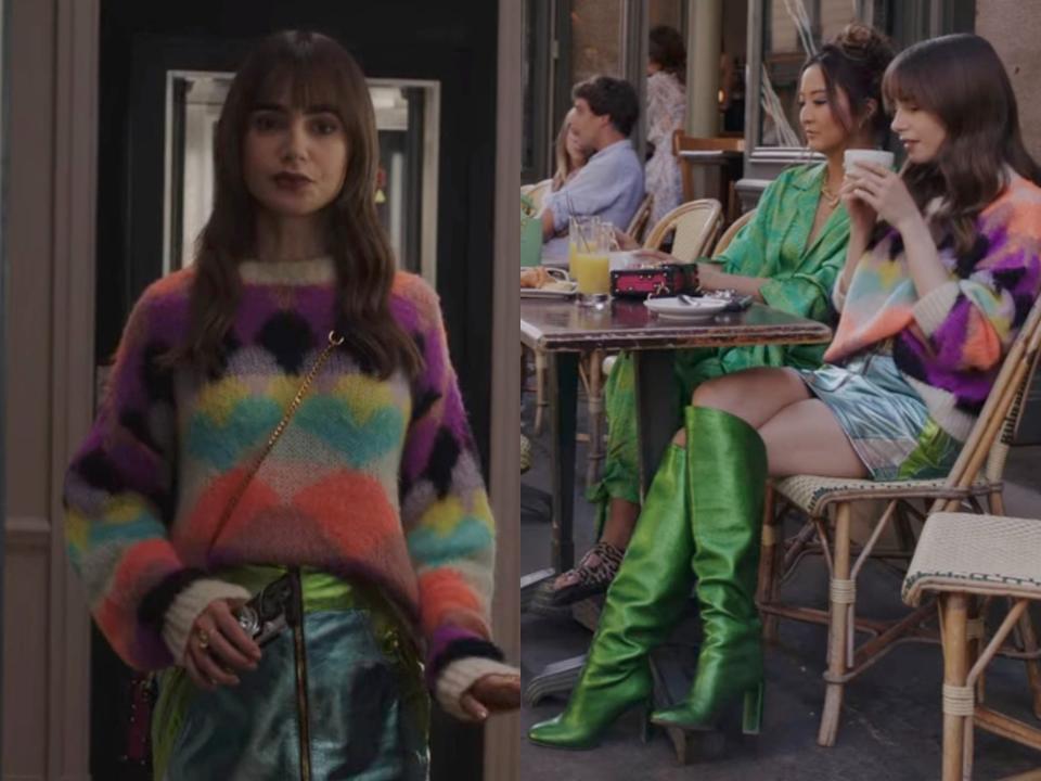 Lily Collins wearing a neon and metallic outfit on "Emily in Paris."