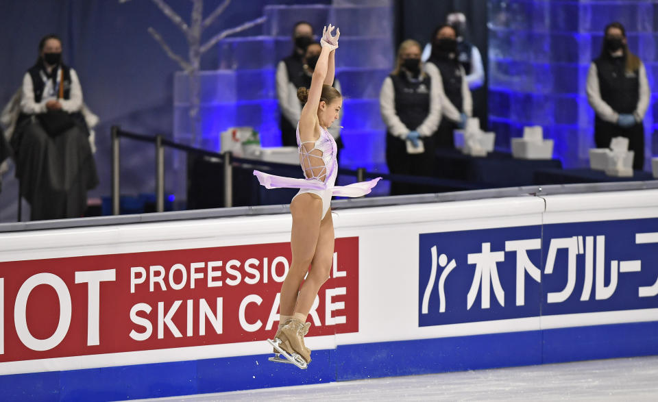 Russian skater Alexandra Trusova performs during the Ladies Short Program at the Figure Skating World Championships in Stockholm, Sweden, Wednesday, March 24, 2021. (AP Photo/Martin Meissner)