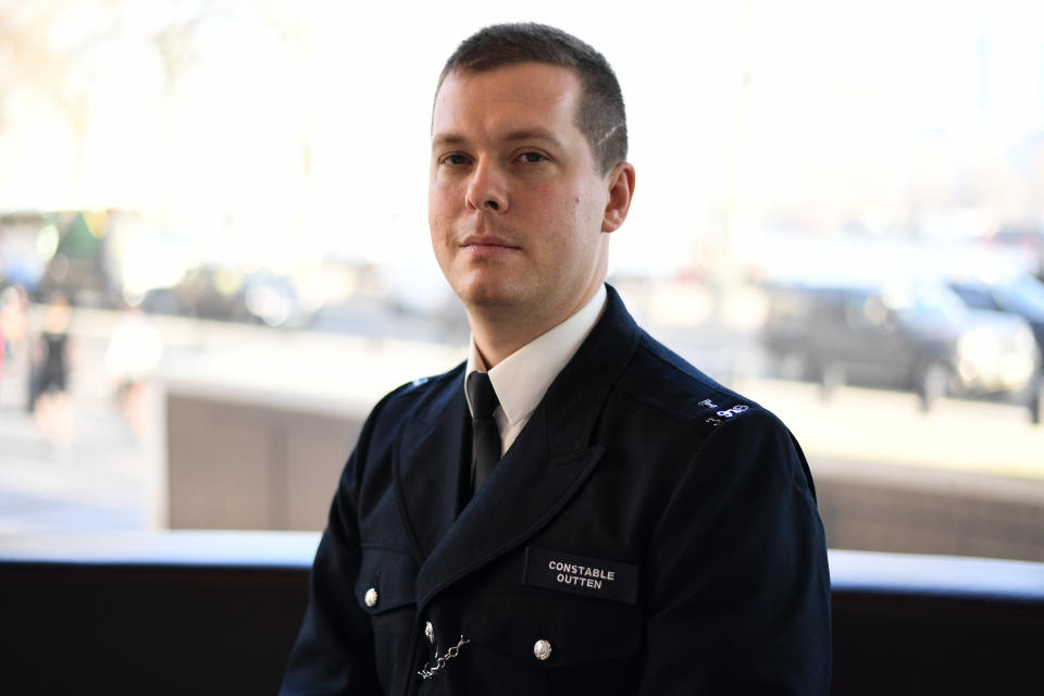PC Stuart Outten at New Scotland Yard in London. Muhammad Rodwan, 56, has been found guilty at the Old Bailey of wounding with intent but not guilty of possessing an offensive weapon and attempted murder for his attack on Pc Outten in August 2019.